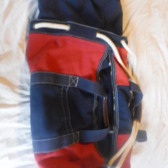 J, Crew Heavy Blue and Red Canvas Duffle Bag J Crew Canvas Rope pull string Bag - Picture 2 of 13